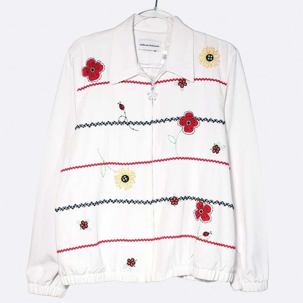 Alfred Dunner Vintage 00s White Embroidered Floral Ladybug Zip Jacket 1X Retro - Picture 2 of 9